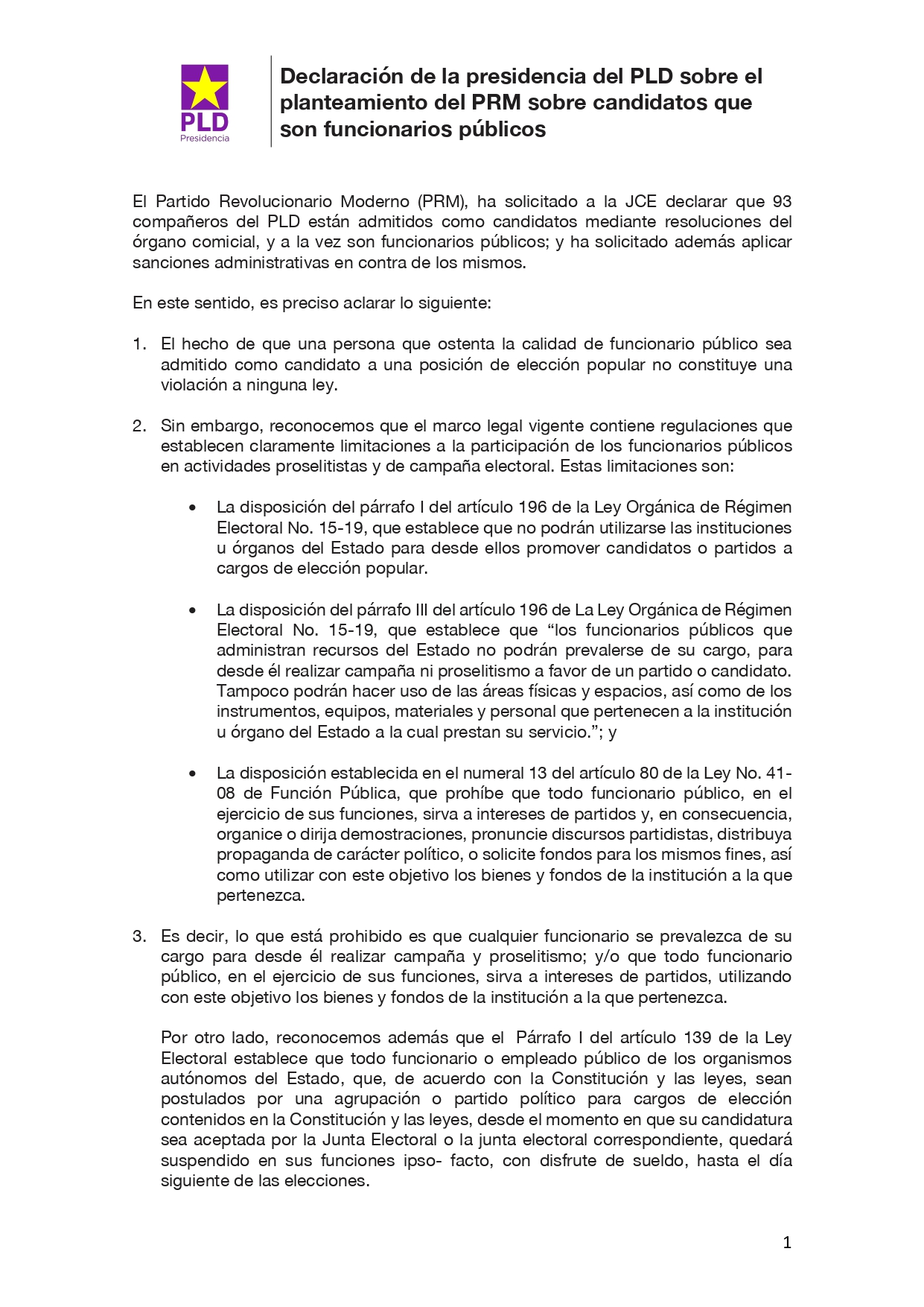 2020-05-31 Declaración de la presidencia del PLD sobre el planteamiento del PRM sobre candidatos que son funcionarios publicos_page-0001