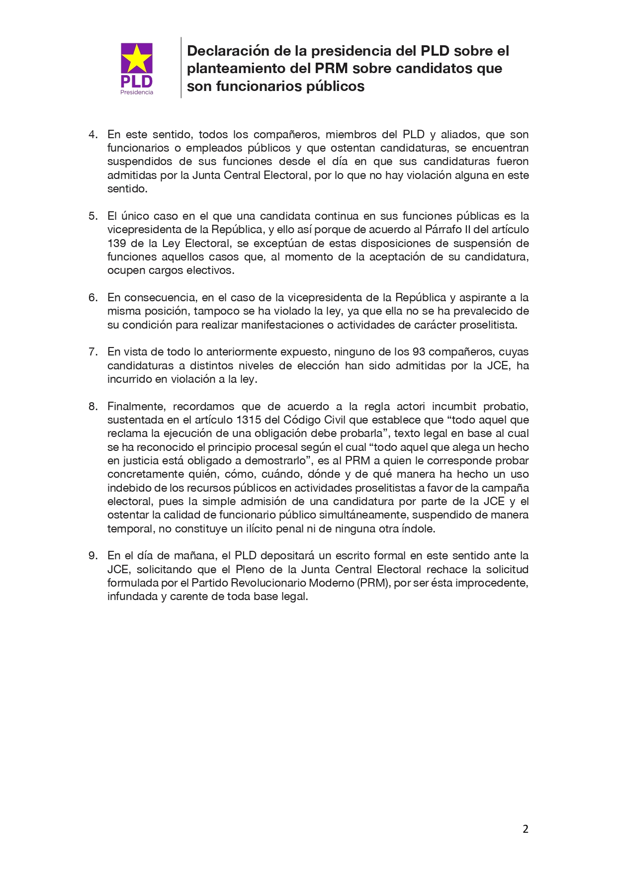 2020-05-31 Declaración de la presidencia del PLD sobre el planteamiento del PRM sobre candidatos que son funcionarios publicos_page-0002