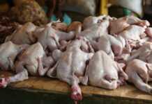 Por las nubes el pollo y la carne de cerdo.